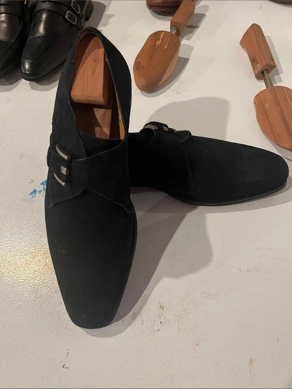 Magnanni Black Suede Double Monk Strap Dress Shoes